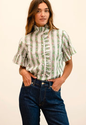 Sweet Pea Stripe Top styled on model, a Mille sweet pea stripe ruffle top – Lady & Tucker