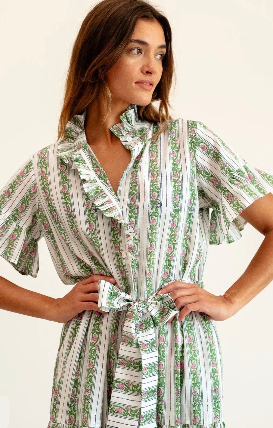 Back view of the Sweet Pea Stripe Maxi Dress, a Mille sweet pea stripe tiered maxi