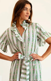Back view of the Sweet Pea Stripe Maxi Dress, a Mille sweet pea stripe tiered maxi