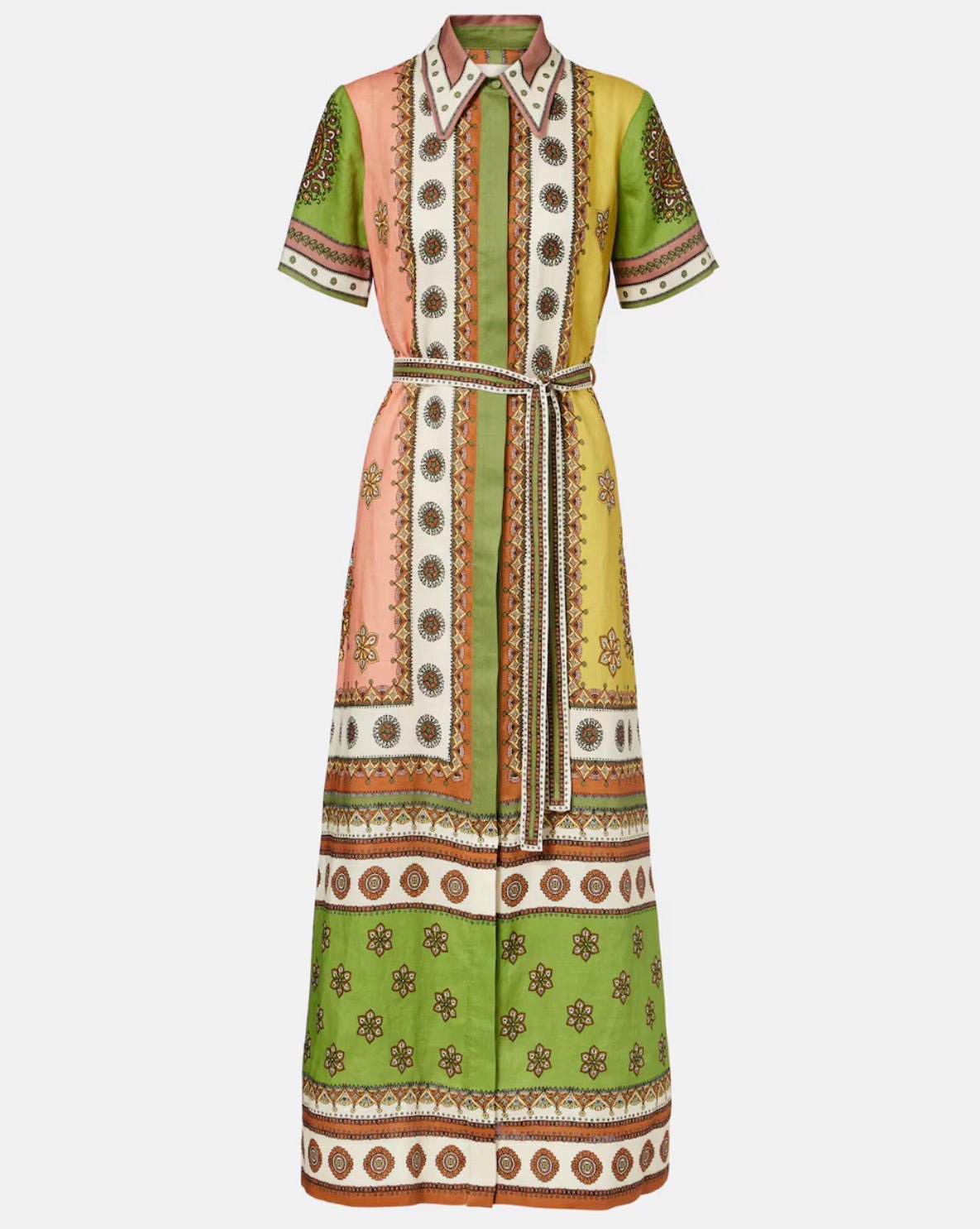 Florence Maxi Dress, a colorful mixed-print maxi shirt dress, worn front view