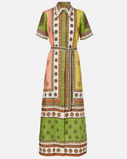 Florence Maxi Dress, a colorful mixed-print maxi shirt dress, worn front view