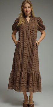 Eyelet Mocha Maxi Dress, a mocha eyelet puff sleeve midi, worn front view
