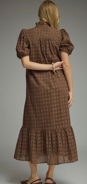 Back view of the Eyelet Mocha Maxi Dress, a mocha eyelet puff sleeve midi