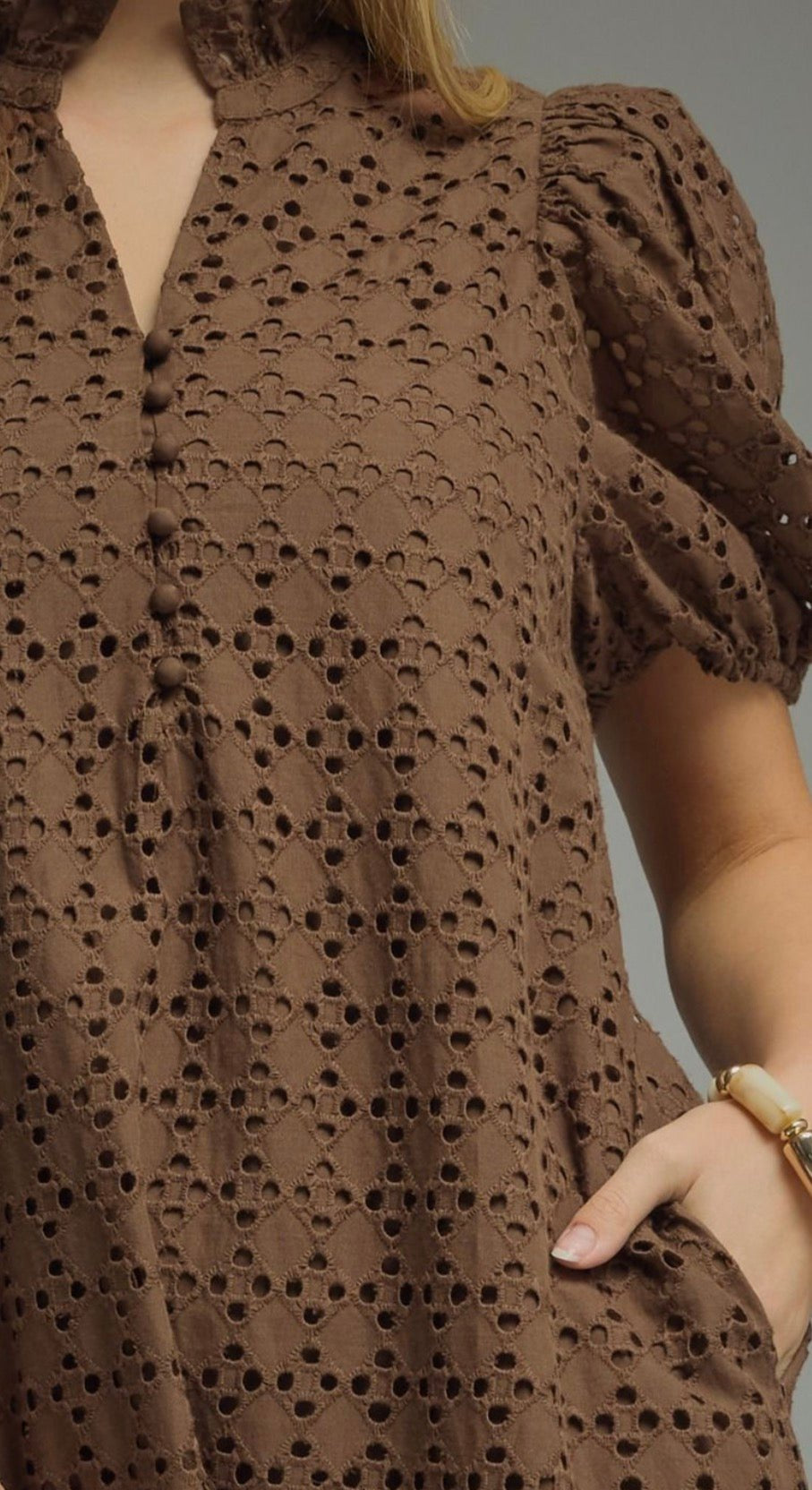 Eyelet Mocha Maxi Dress styled full length, a mocha eyelet puff sleeve midi – Lady & Tucker