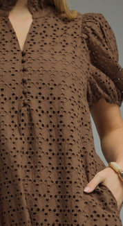 Eyelet Mocha Maxi Dress styled full length, a mocha eyelet puff sleeve midi – Lady & Tucker