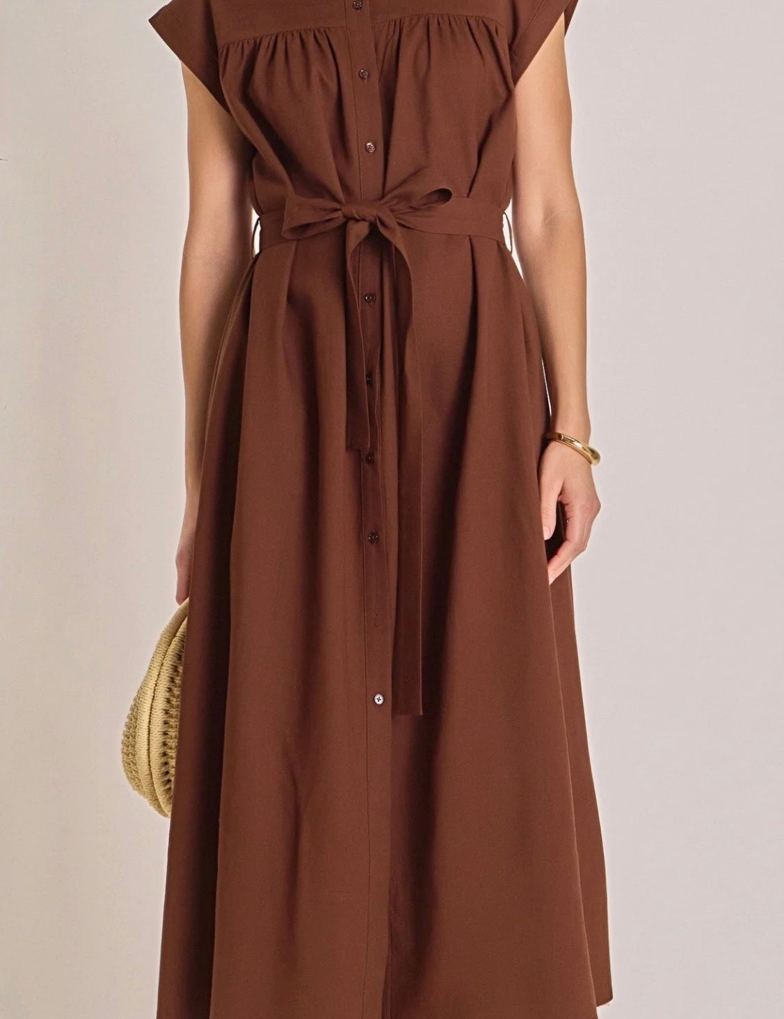 Mocha Belted Midi Dress, a mocha linen belted midi dress, worn front view