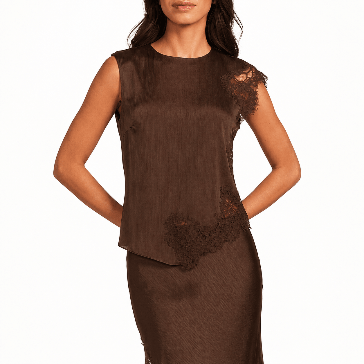 Mixed Lace Mocha Top, a mocha sleeveless lace-detail top, worn front view