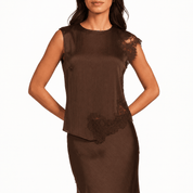 Mixed Lace Mocha Top, a mocha sleeveless lace-detail top, worn front view