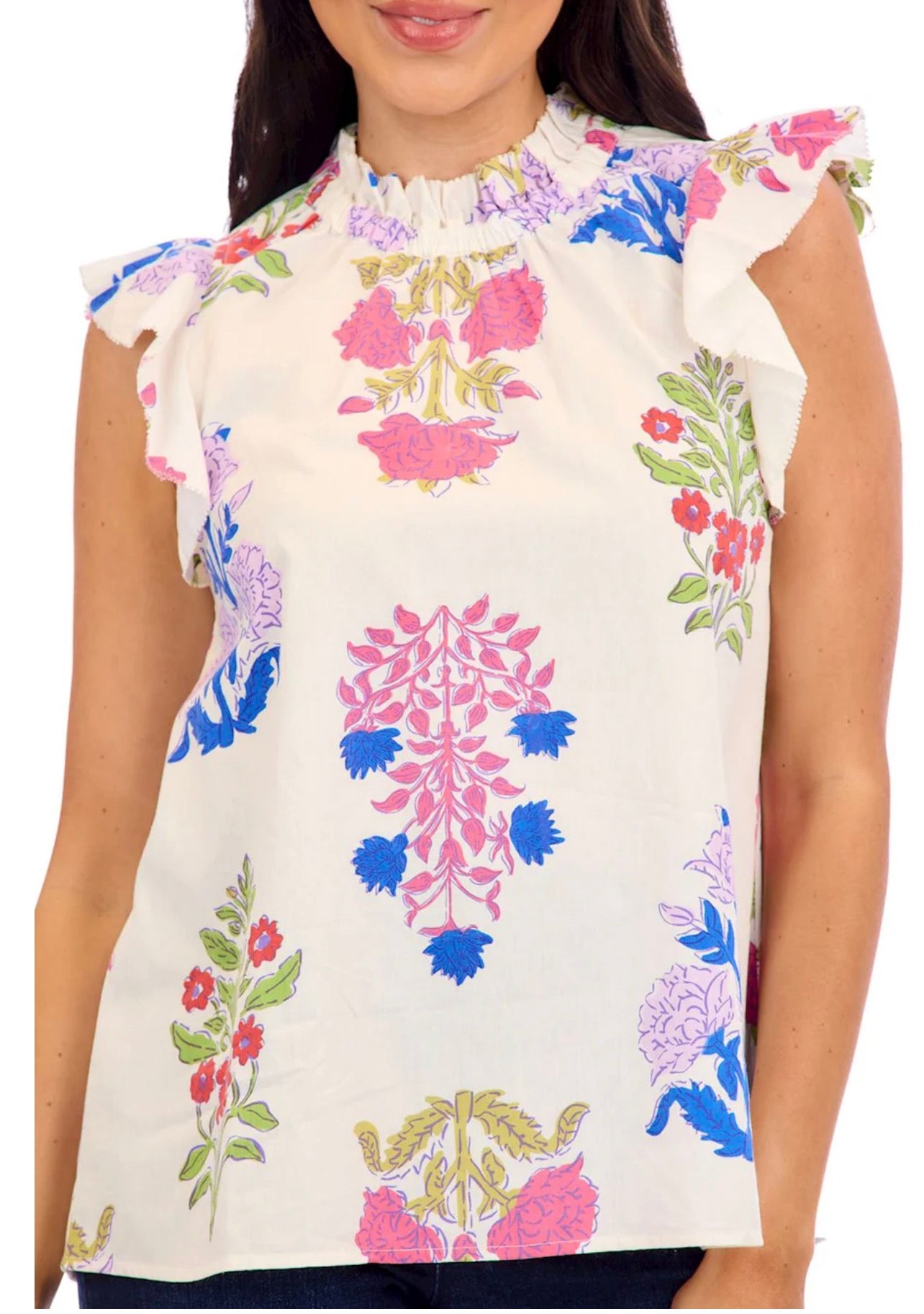 Kenzie Flounce Top, a poplin flutter sleeve flounce top, worn front view