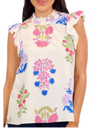 Kenzie Flounce Top, a poplin flutter sleeve flounce top, worn front view