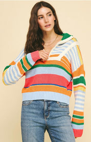 Multi Color Half Zip Sweater Top, a multicolor striped half zip sweater, worn front view
