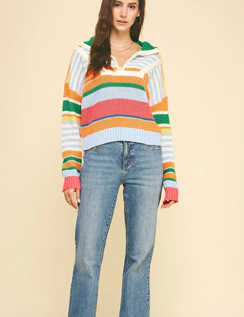 Back view of the Multi Color Half Zip Sweater Top, a multicolor striped half zip sweater – Lady & Tucker