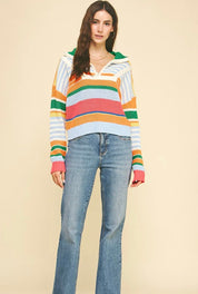 Back view of the Multi Color Half Zip Sweater Top, a multicolor striped half zip sweater – Lady & Tucker