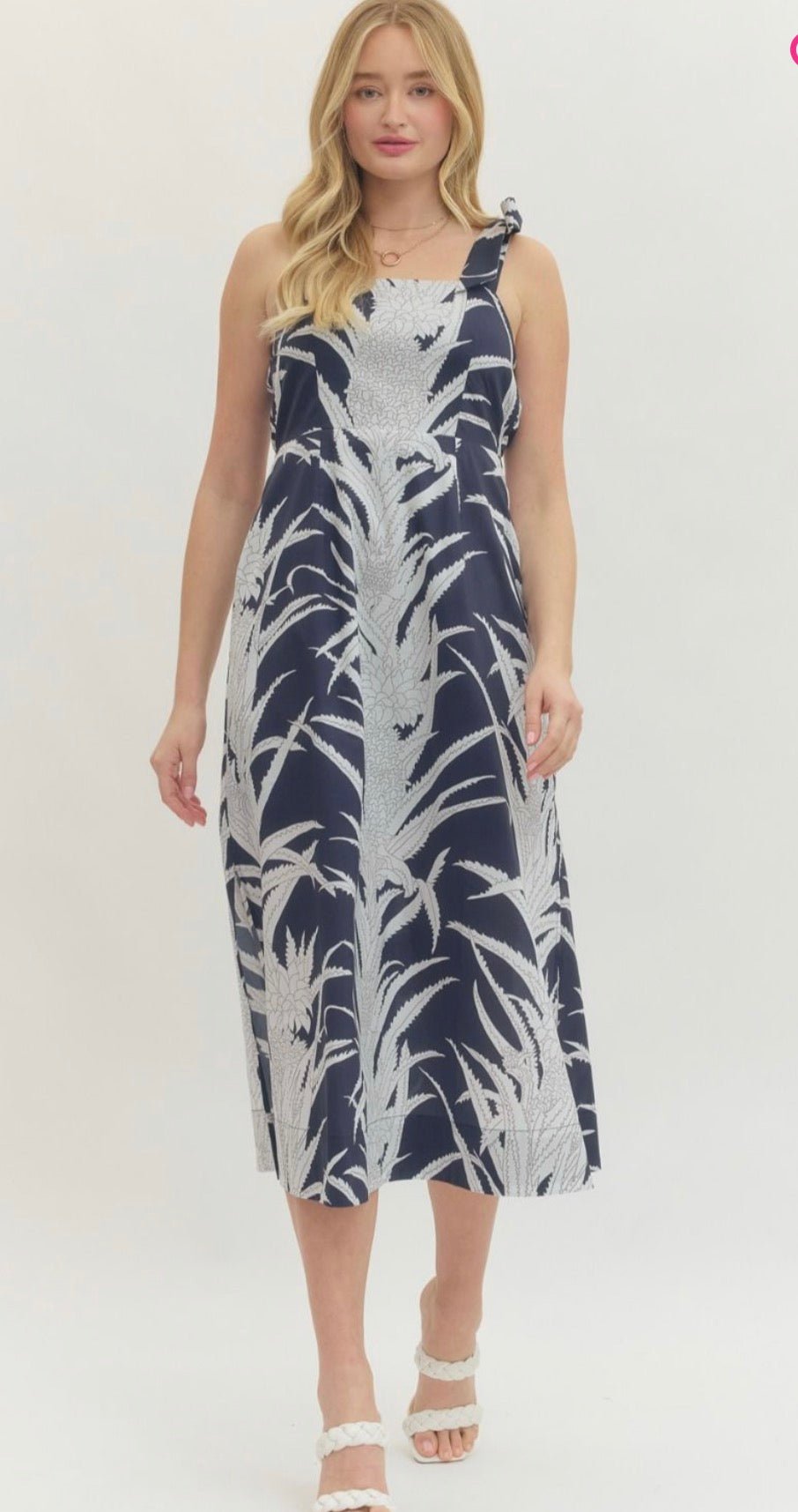 Navy Paradise Maxi Dress, a navy A-line resort maxi, worn front view