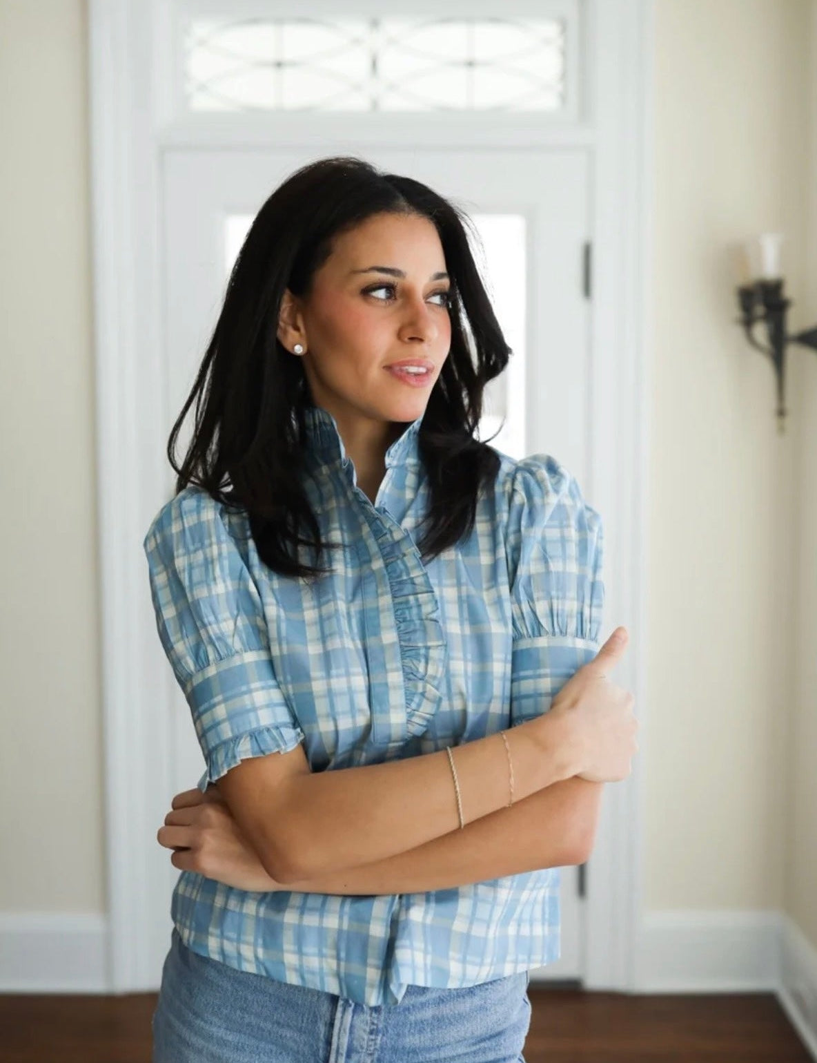 Back view of the Highland Blue Plaid Top, a blue plaid ruffle collar poplin top – Lady & Tucker