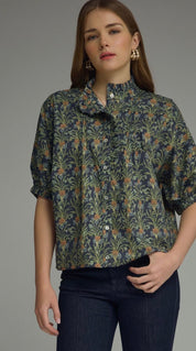 Navy In Blooms Top, a navy floral ruffle-neck puff sleeve top, worn front view