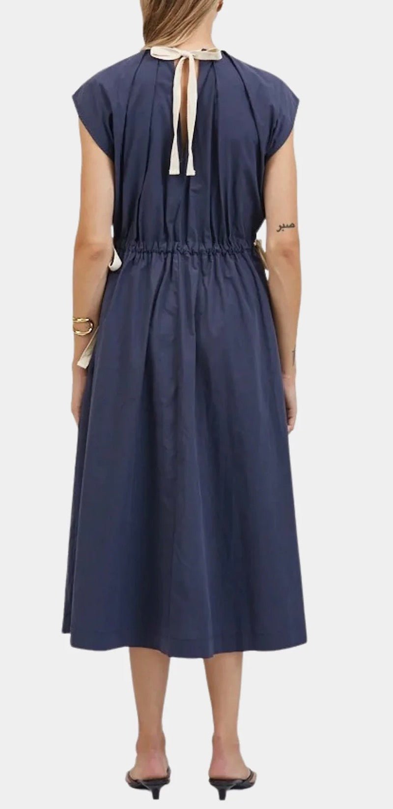 Back view of the Classic Navy Maxi Dress, a navy gathered-waist dress – Lady & Tucker