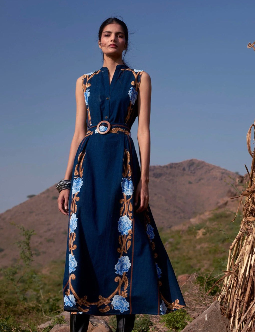Harvest Navy Iris Dress, a sleeveless navy midi shirt dress, worn front view
