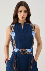 Harvest Navy Iris Dress styled full length, a sleeveless navy midi shirt dress