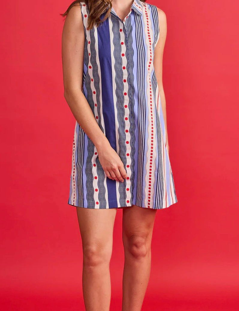 Jules Dress, a cotton mixed stripe shirt dress, worn front view