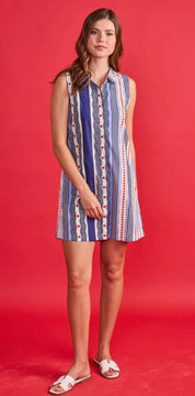Jules Dress, a cotton mixed stripe shirt dress, worn front view