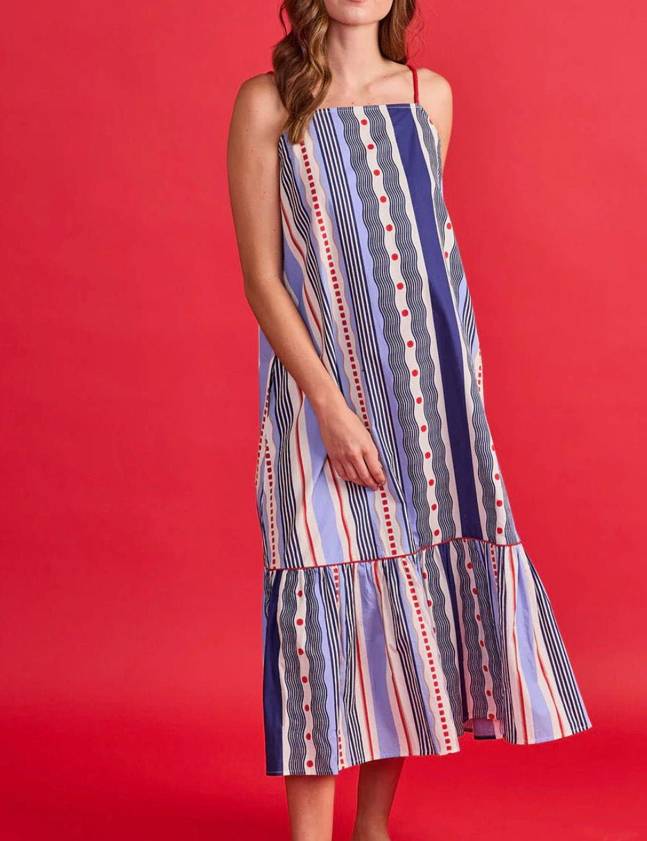 Vera Dress, a navy and periwinkle mixed stripe dress, worn front view