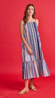 Vera Dress, a navy and periwinkle mixed stripe dress, worn front view