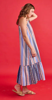 Back view of the Vera Dress, a navy and periwinkle mixed stripe dress