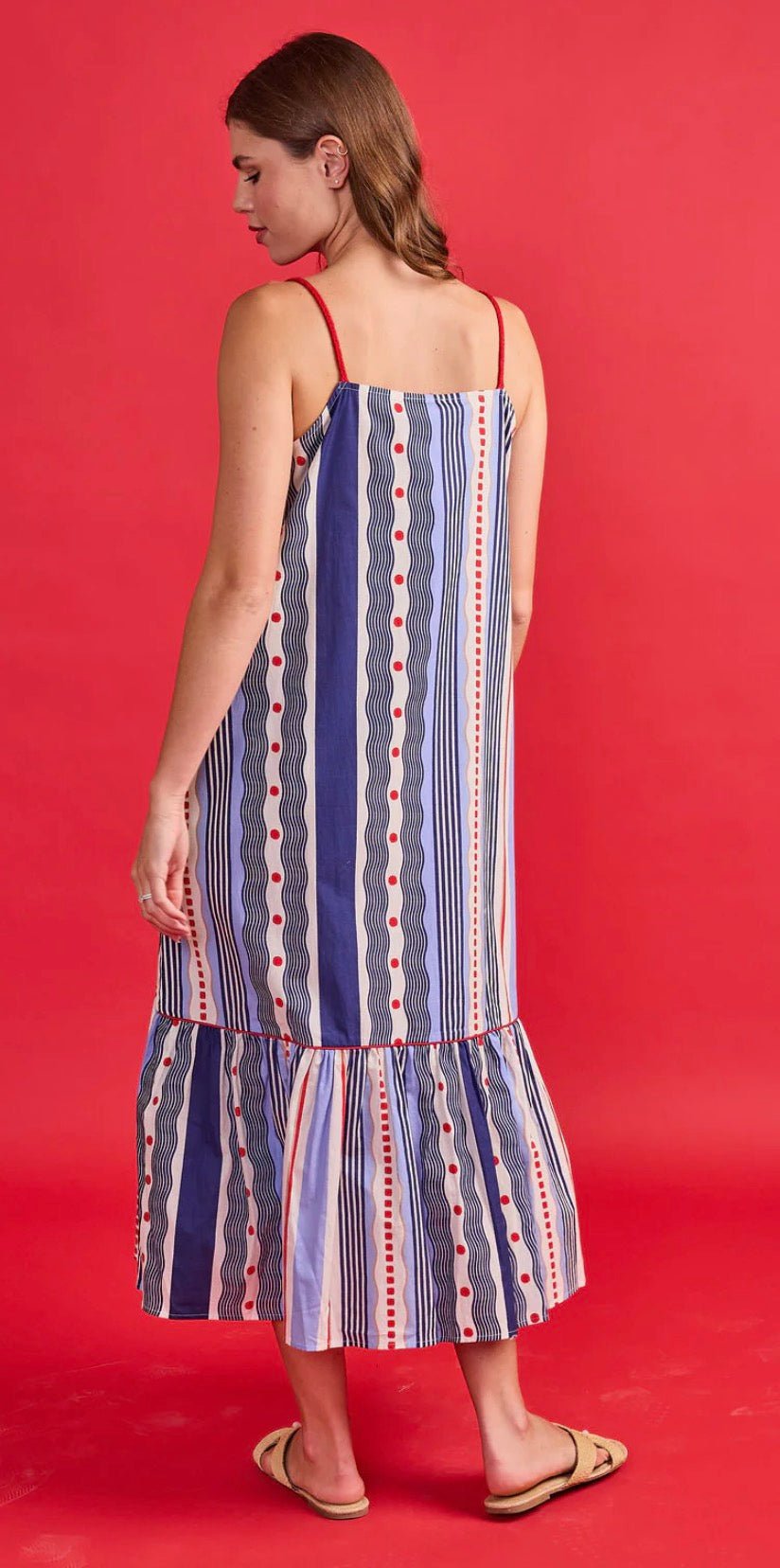 Close-up of the wavy stripes and red dot details on the Vera Dress