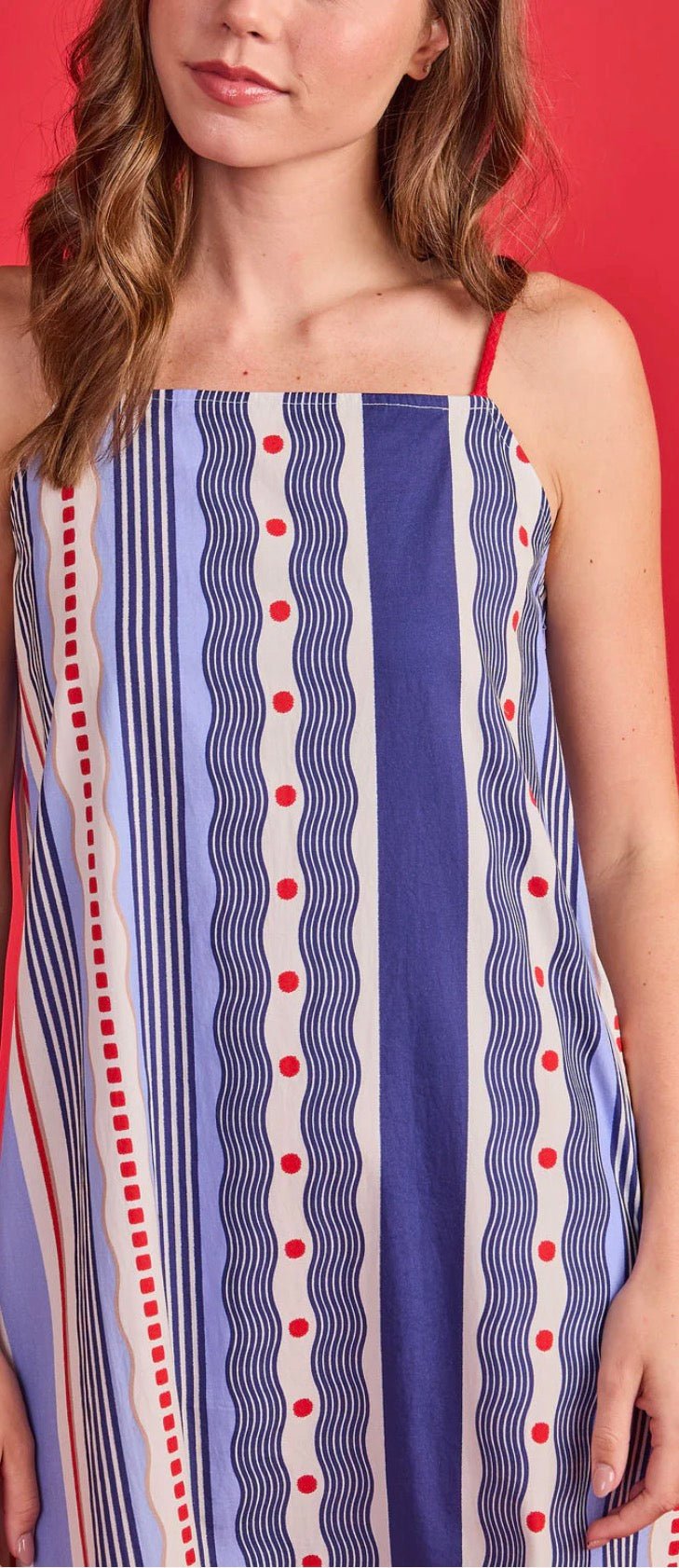 Vera Dress styled full length, a navy and periwinkle mixed stripe dress – Lady & Tucker
