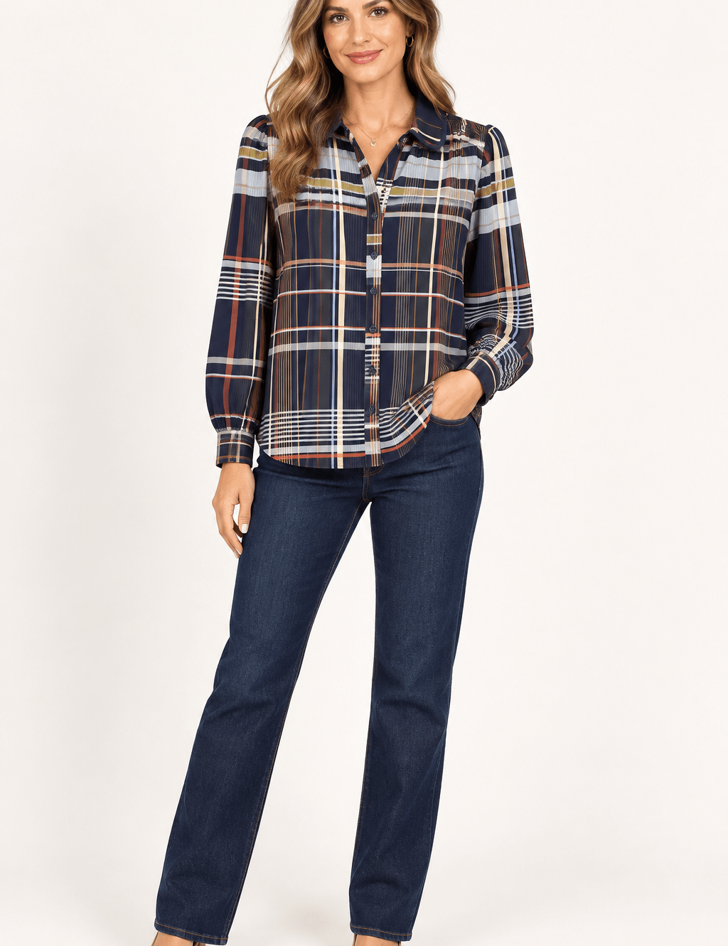 Falling For Plaid Top, a navy plaid button-down blouse, worn front view – Lady & Tucker
