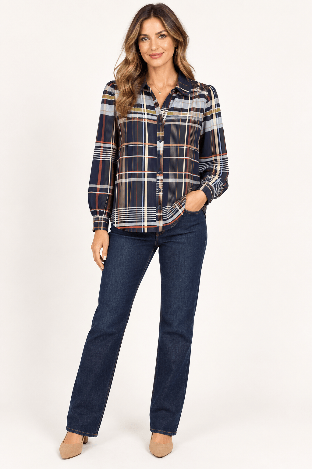 Falling For Plaid Top, a navy plaid button-down blouse, worn front view – Lady & Tucker
