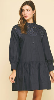 Embroidered Navy Mini Dress, a navy poplin mini with embroidered yoke, worn front view