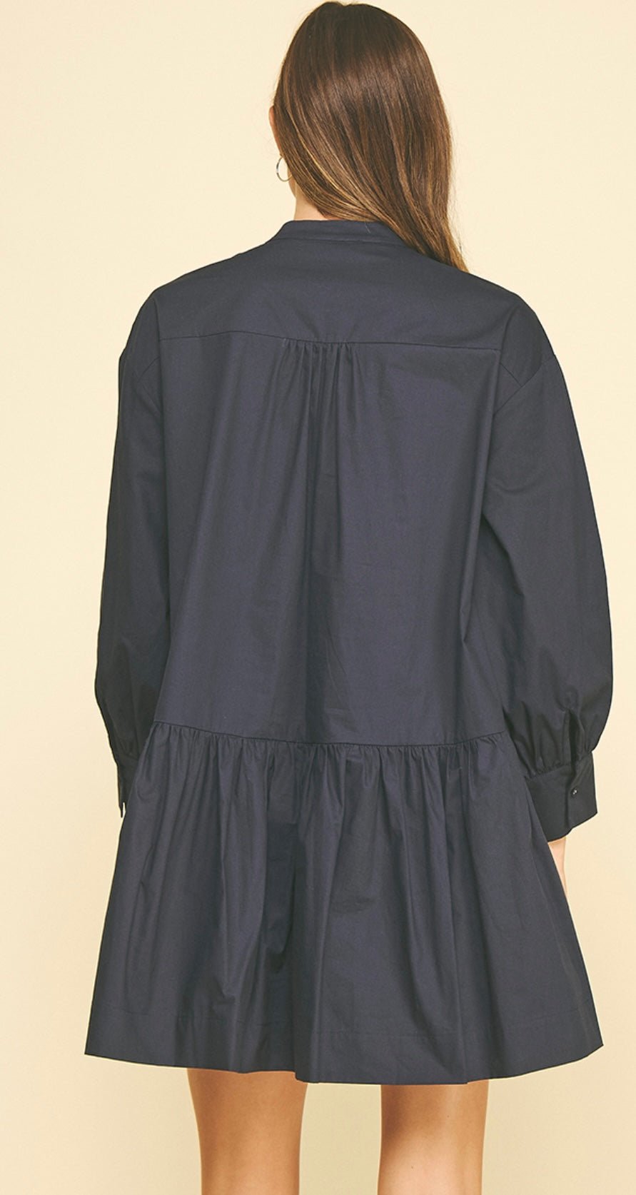Embroidered Navy Mini Dress styled full length, a navy poplin mini with embroidered yoke
