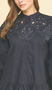Embroidered Navy Mini Dress shown on model, another view of a navy poplin mini with embroidered yoke – Lady & Tucker