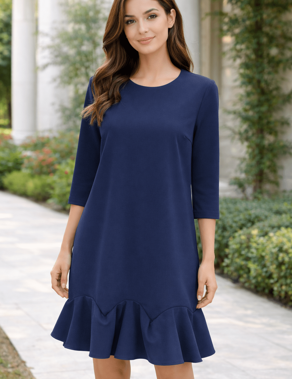 Navy Cocktail Dress, a navy three-quarter sleeve shift dress, worn front view – Lady & Tucker