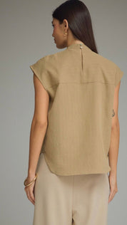 Back view of the Mini Stripe Top, a soft neutral mini stripe blouse