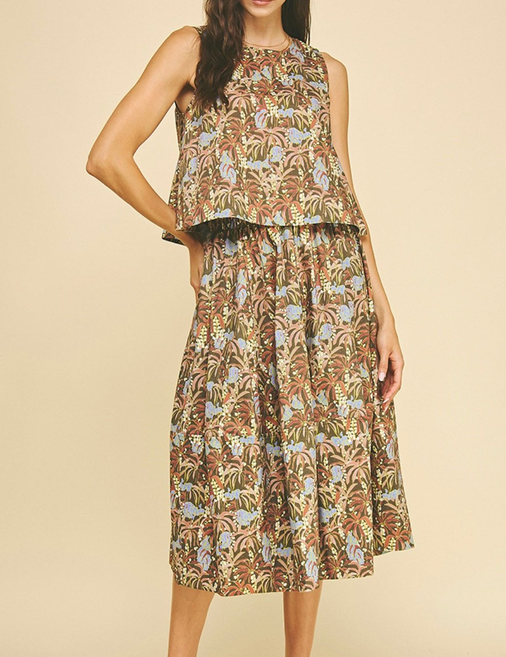 Olive Palm Dress Set, an olive palm print two-piece set, worn front view – Lady & Tucker