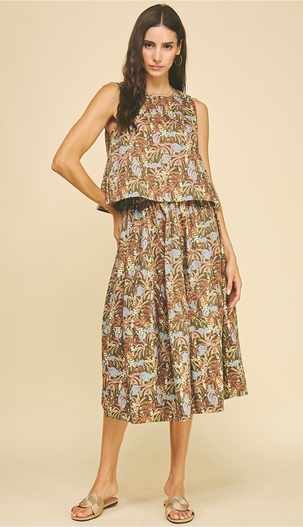 Olive Palm Dress Set, an olive palm print two-piece set, worn front view – Lady & Tucker