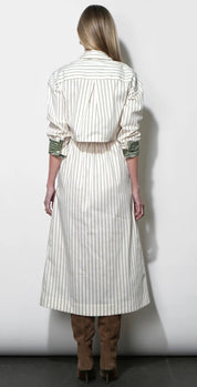 Close-up of the menswear-inspired striped styling on the Green Stripe Envy Maxi Dress – Lady & Tucker