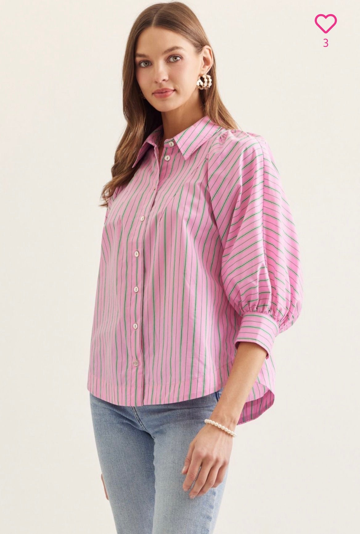 Back view of the Palm Court Stripe Top, a striped puff sleeve collared top