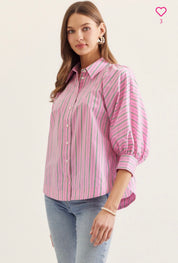 Back view of the Palm Court Stripe Top, a striped puff sleeve collared top