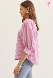 Close-up of the gathered shoulders and puff sleeves on the Palm Court Stripe Top