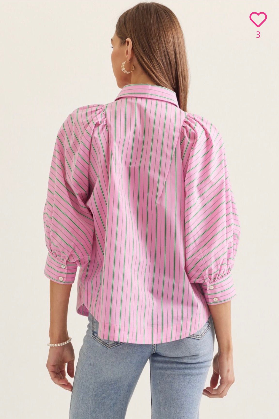 Palm Court Stripe Top styled on model, a striped puff sleeve collared top – Lady & Tucker