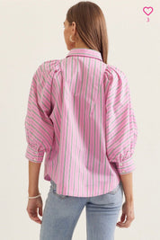 Palm Court Stripe Top styled on model, a striped puff sleeve collared top – Lady & Tucker