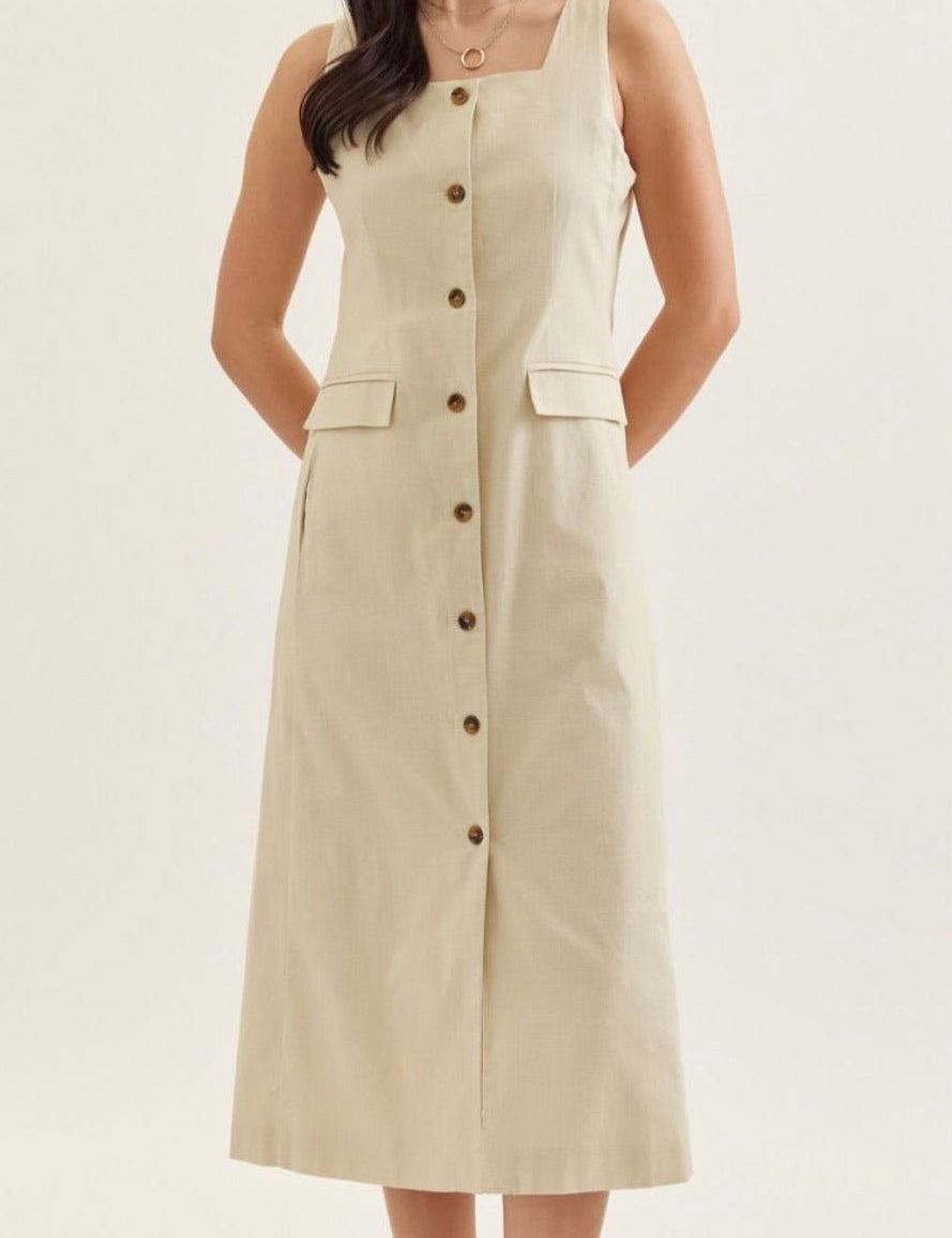 Palmetto Dress, a sleeveless square-neck midi, worn front view
