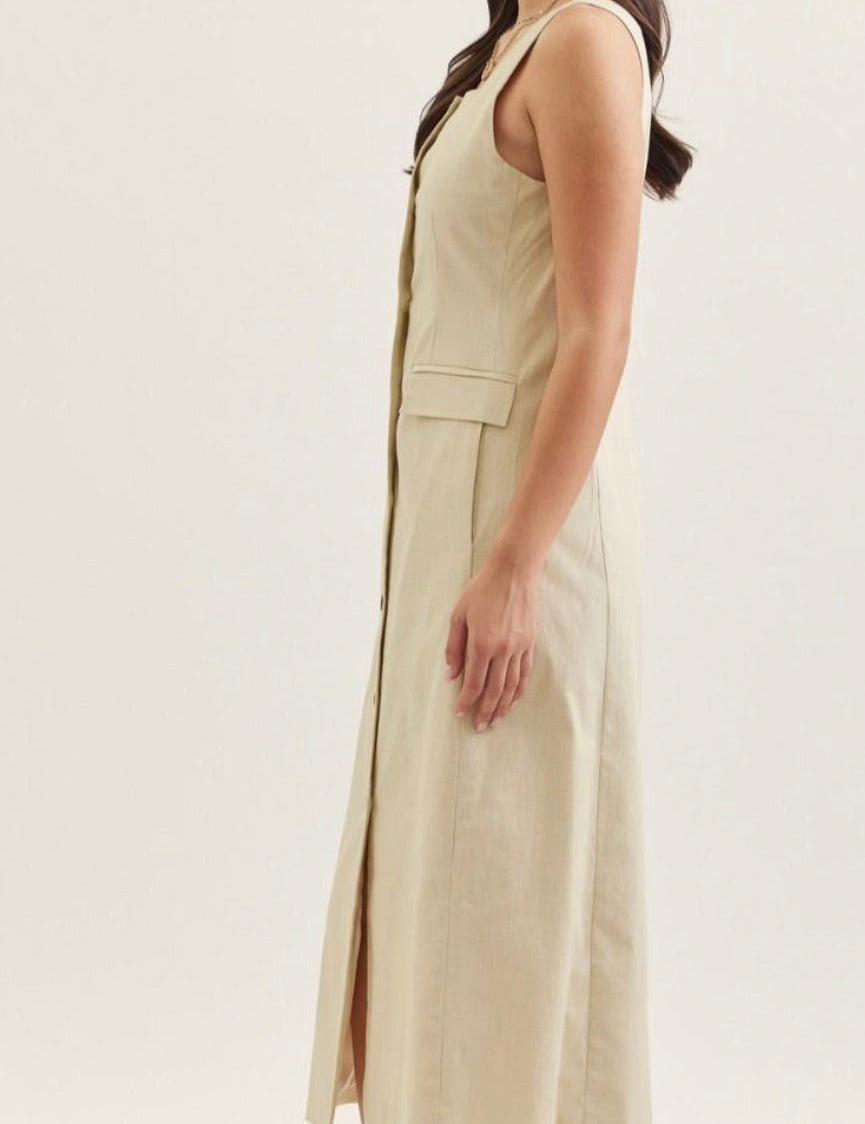 Back view of the Palmetto Dress, a sleeveless square-neck midi