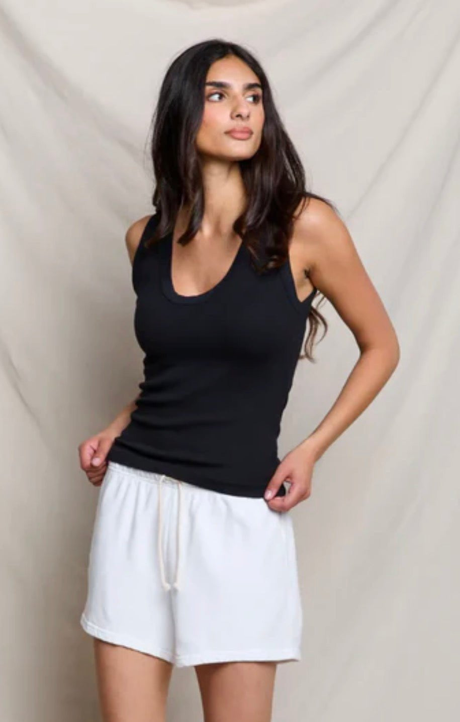 Luxe Rib Tank, a fitted ribbed cotton tank, worn front view