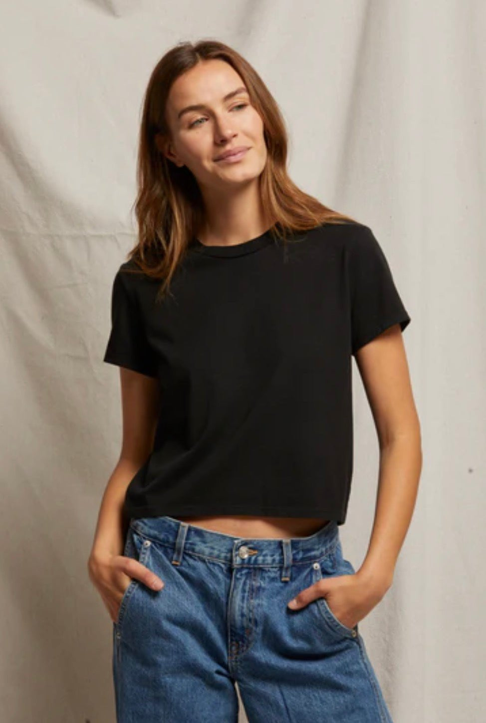 Perfect Black Tee, a black mid-weight cotton crew tee, worn front view
