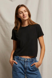 Perfect Black Tee, a black mid-weight cotton crew tee, worn front view